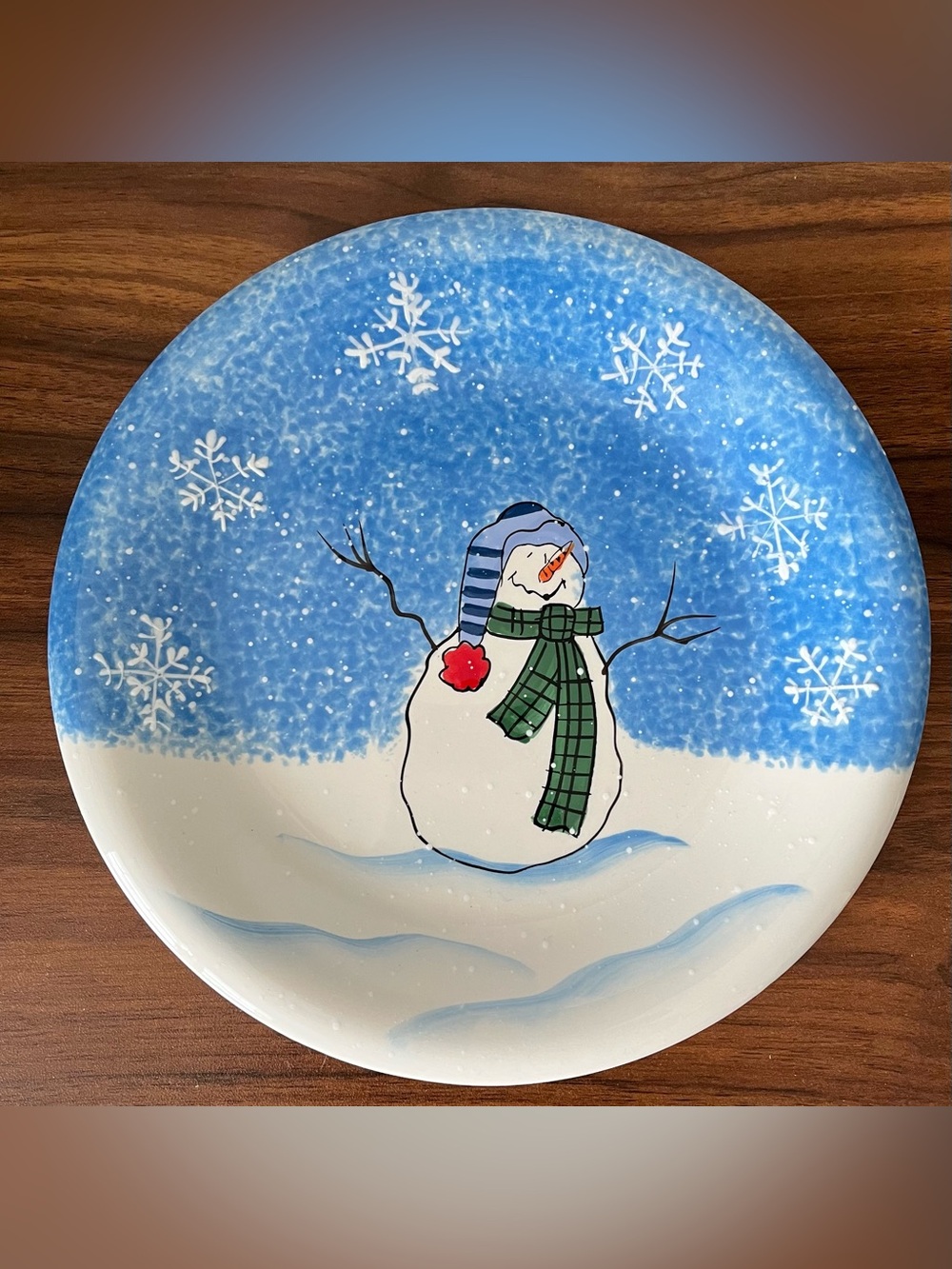 St. Nicholas Square Blue Snowman Plate with Snowflakes